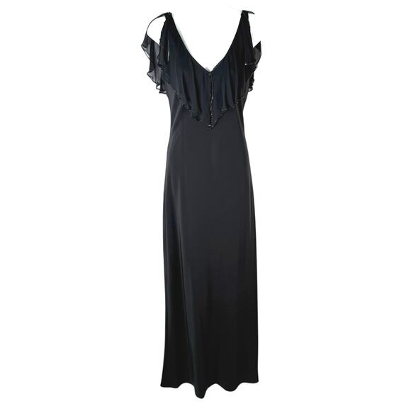 Jones NY Black Formal Maxi Dress Sz 8 Silk Trim Flutter Sleeve Gala V Neck Beads - Picture 2 of 15